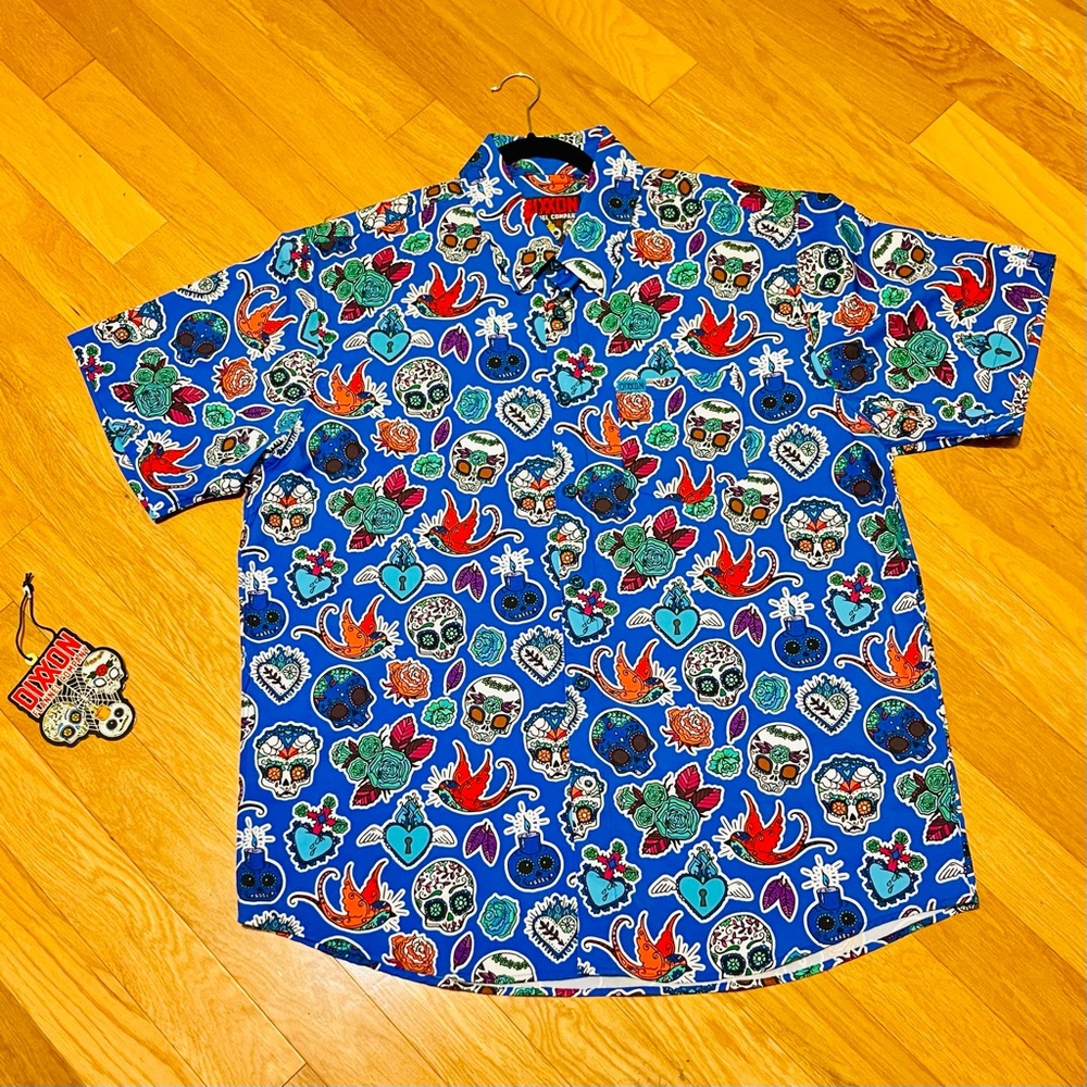 DIXXON Blue Sugar Skull and Floral Party Shirt